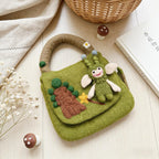 Green Wool Felt Fairy Top Handle Bag with Woodland Scene and Daisy Trim, 28cm x 20cm
