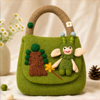 Green Wool Felt Fairy Top Handle Bag with Woodland Scene and Daisy Trim, 28cm x 20cm