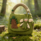 Green Wool Felt Fairy Top Handle Bag with Woodland Scene and Daisy Trim, 28cm x 20cm
