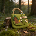 Green Wool Felt Fairy Top Handle Bag with Woodland Scene and Daisy Trim, 28cm x 20cm