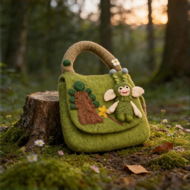 Green Wool Felt Fairy Top Handle Bag with Woodland Scene and Daisy Trim, 28cm x 20cm