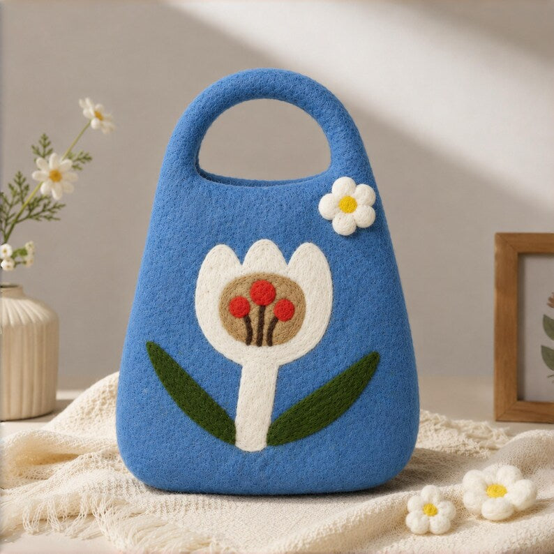 Hand Felted Wool Tulip Bag – Blue Floral Top Handle Purse, Cottagecore Spring Accessory