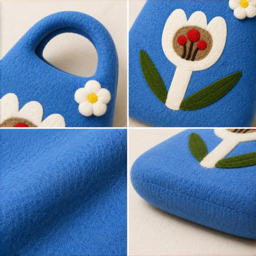 Hand Felted Wool Tulip Bag – Blue Floral Top Handle Purse, Cottagecore Spring Accessory