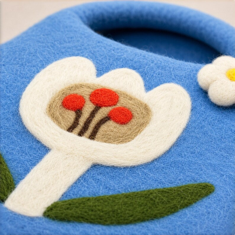 Hand Felted Wool Tulip Bag – Blue Floral Top Handle Purse, Cottagecore Spring Accessory
