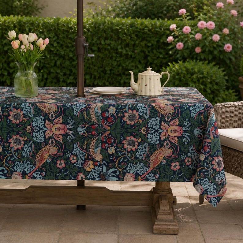 Blue Chrysanthemum Rectangular Tablecloth 280 GSM Linen-Textured Spill-Resistant with Umbrella Hole & Zipper