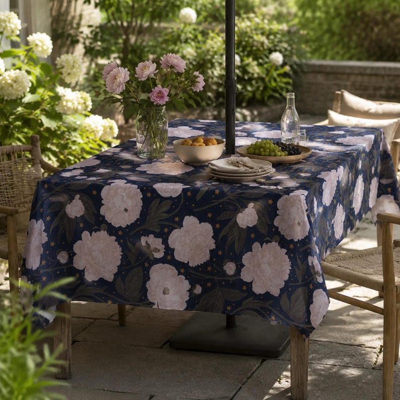 Peonies Floral Tablecloth with Umbrella Hole and Zipper, Spill Resistant Linen Texture Table Cover, Indoor Outdoor Patio Dining