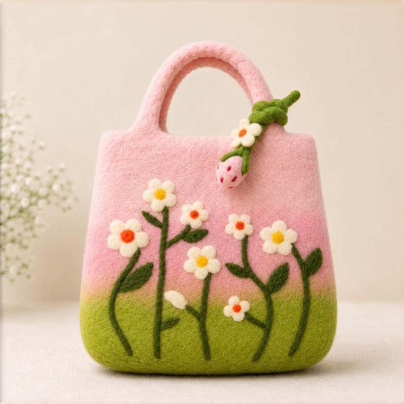 Hand Felted Wool Daisy Meadow Top Handle Handbag, Cottagecore Tote, Pink Green Gradient