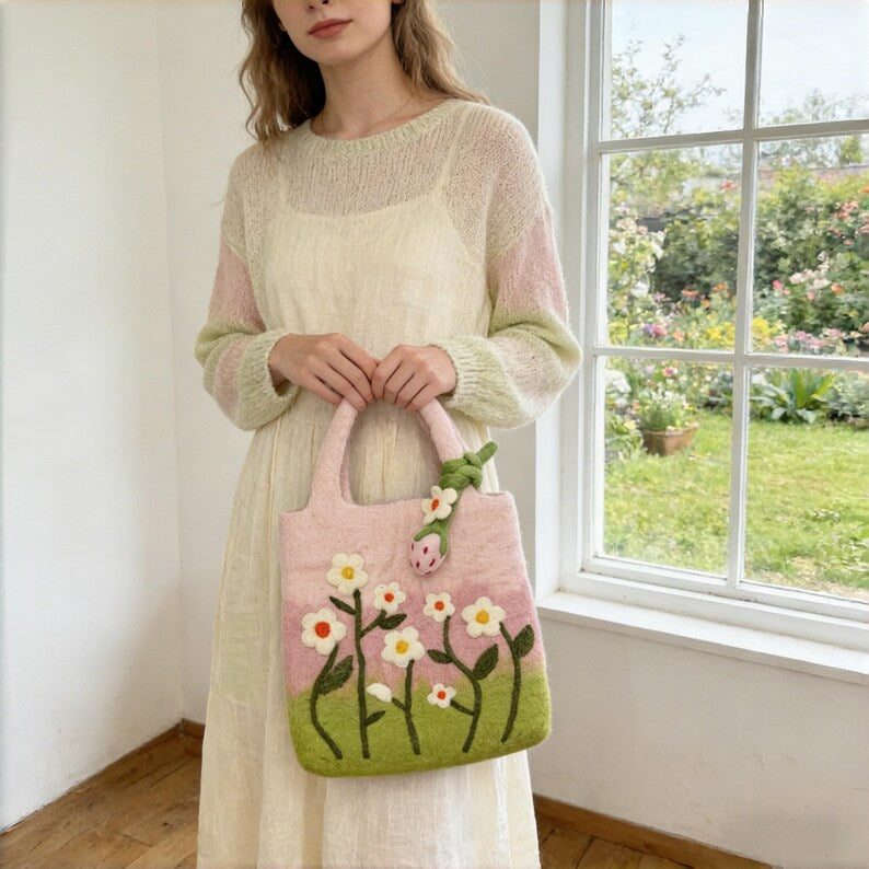 Hand Felted Wool Daisy Meadow Top Handle Handbag, Cottagecore Tote, Pink Green Gradient