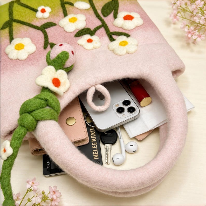 Hand Felted Wool Daisy Meadow Top Handle Handbag, Cottagecore Tote, Pink Green Gradient