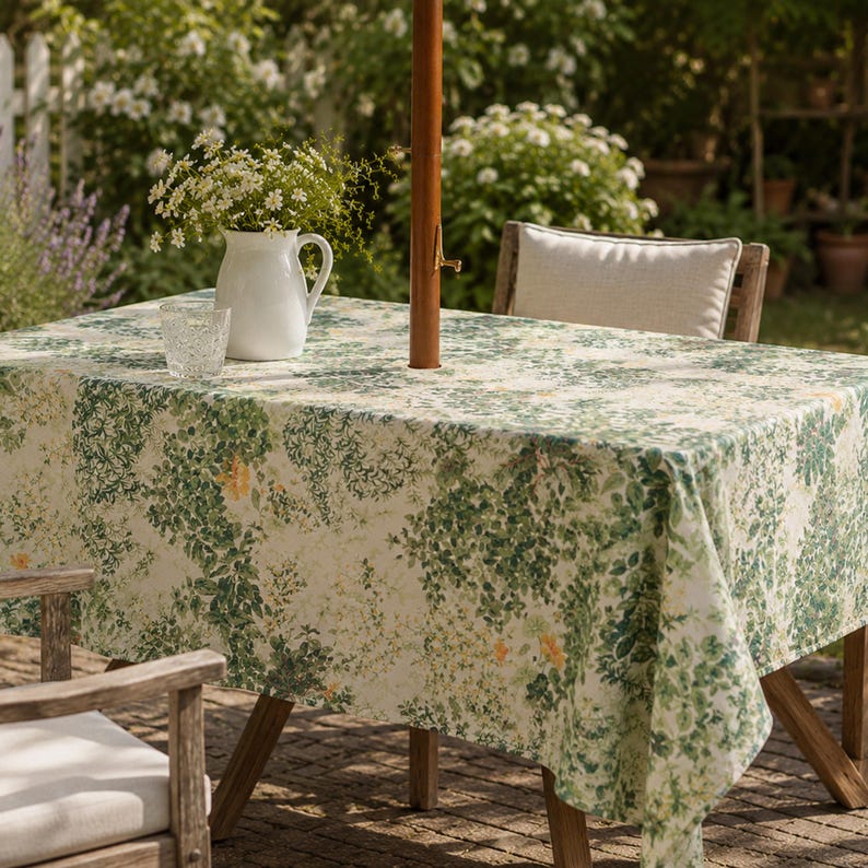 Blue Chrysanthemum Rectangular Tablecloth 280 GSM Linen-Textured Spill-Resistant with Umbrella Hole & Zipper