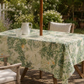 White Botanical Linen-Textured Rectangular Outdoor Tablecloth with Umbrella Hole and Zipper, Spill Resistant Patio Table Cover