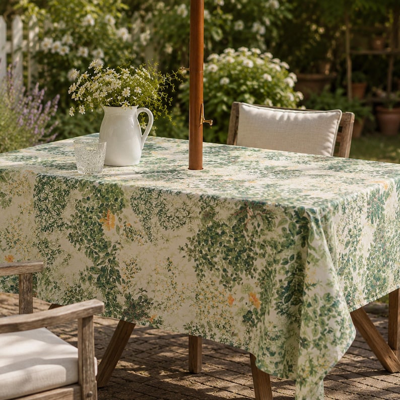 White Botanical Linen-Textured Rectangular Outdoor Tablecloth with Umbrella Hole and Zipper, Spill Resistant Patio Table Cover