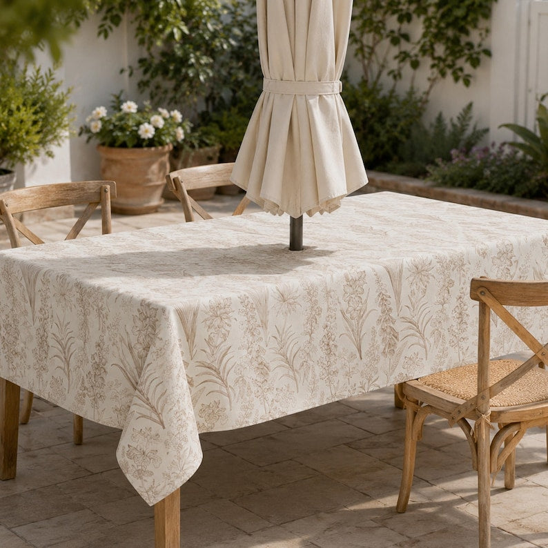 Vine & Leaves Spill Resistant Tablecloth with Umbrella Hole & Zipper, Linen Textured Outdoor Patio Dining Table Cover, Green Botanical Garden Design