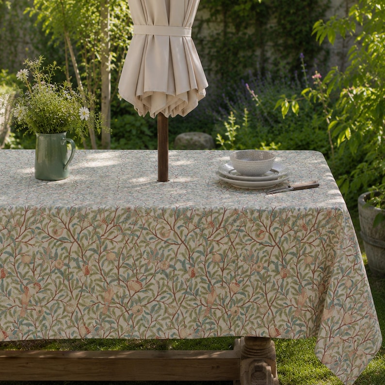 Blue Chrysanthemum Rectangular Tablecloth 280 GSM Linen-Textured Spill-Resistant with Umbrella Hole & Zipper
