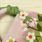 Wool Felt Daisy Flower Top Handle Bag, Pink Green, 28cm x 19cm