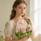Wool Felt Daisy Flower Top Handle Bag, Pink Green, 28cm x 19cm