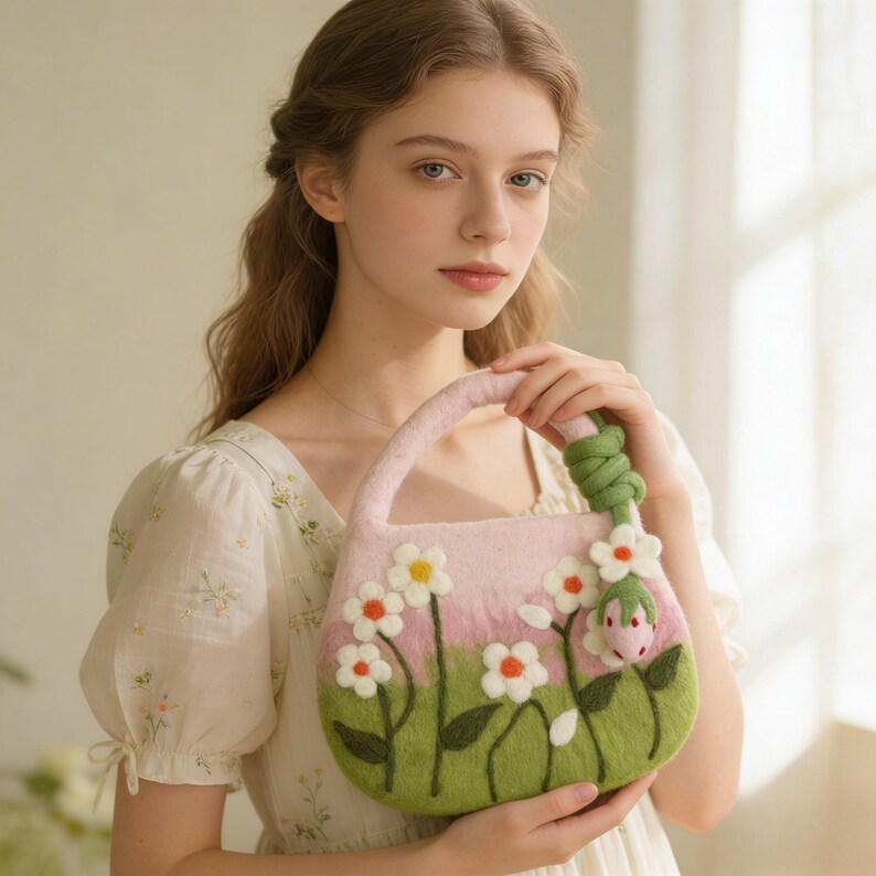 Wool Felt Daisy Flower Top Handle Bag, Pink Green, 28cm x 19cm