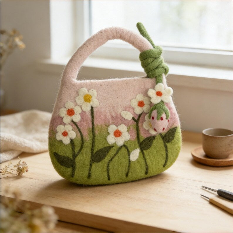 Wool Felt Daisy Flower Top Handle Bag, Pink Green, 28cm x 19cm
