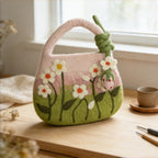 Wool Felt Daisy Flower Top Handle Bag, Pink Green, 28cm x 19cm