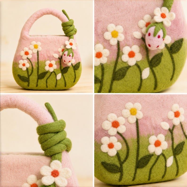 Wool Felt Daisy Flower Top Handle Bag, Pink Green, 28cm x 19cm