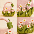 Wool Felt Daisy Flower Top Handle Bag, Pink Green, 28cm x 19cm