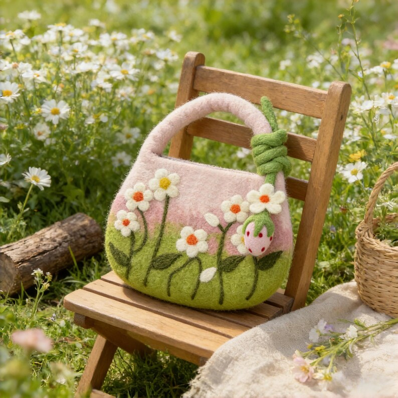 Wool Felt Daisy Flower Top Handle Bag, Pink Green, 28cm x 19cm