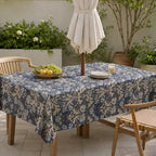 Blue Chrysanthemum Rectangular Tablecloth 280 GSM Linen-Textured Spill-Resistant with Umbrella Hole & Zipper