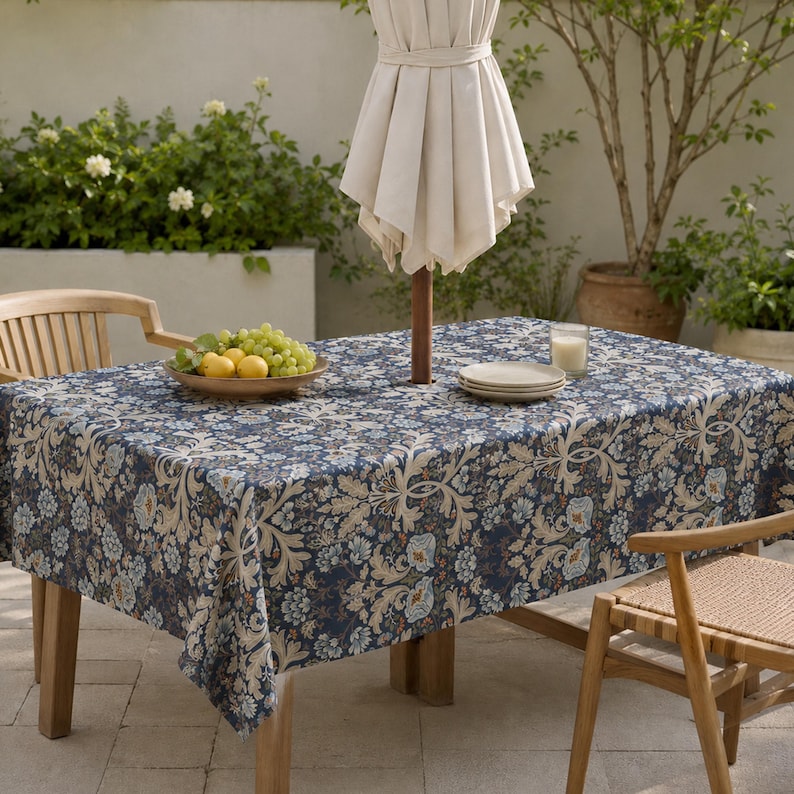 Blue Chrysanthemum Rectangular Tablecloth 280 GSM Linen-Textured Spill-Resistant with Umbrella Hole & Zipper