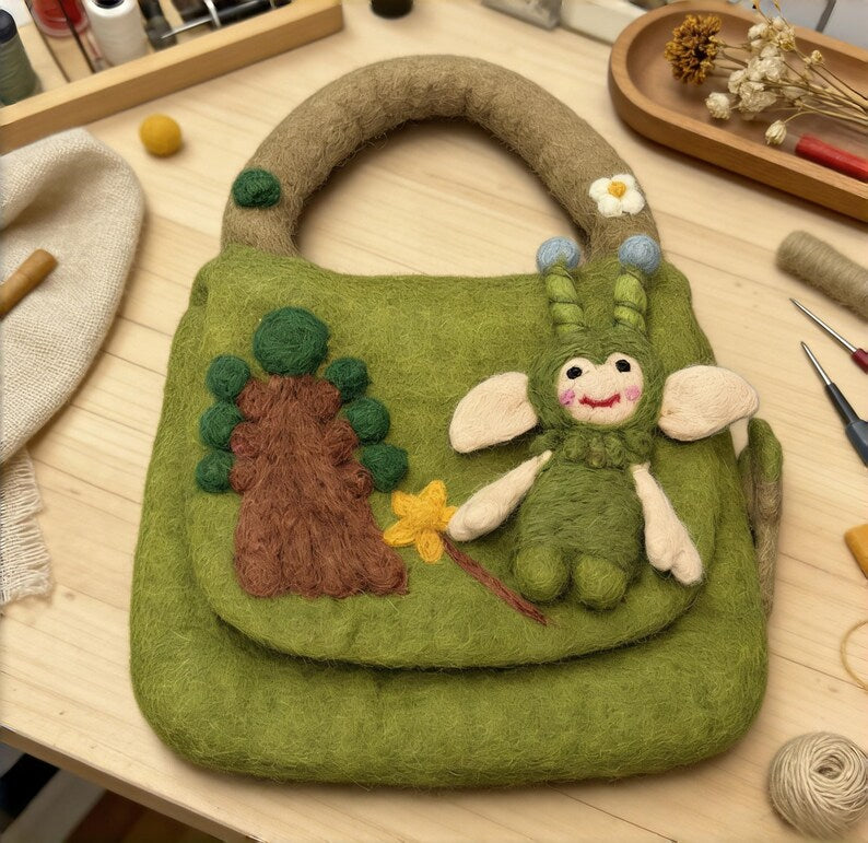 Green Wool Felt Fairy Top Handle Bag with Woodland Scene and Daisy Trim, 28cm x 20cm