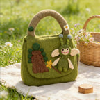 Green Wool Felt Fairy Top Handle Bag with Woodland Scene and Daisy Trim, 28cm x 20cm
