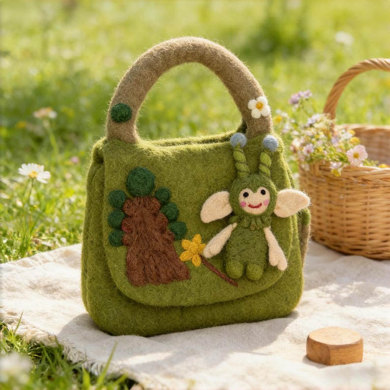 Green Wool Felt Fairy Top Handle Bag with Woodland Scene and Daisy Trim, 28cm x 20cm
