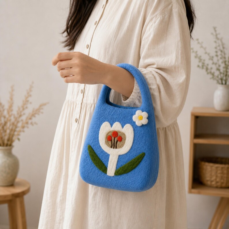 Hand Felted Wool Tulip Bag – Blue Floral Top Handle Purse, Cottagecore Spring Accessory