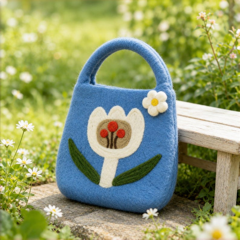 Hand Felted Wool Tulip Bag – Blue Floral Top Handle Purse, Cottagecore Spring Accessory