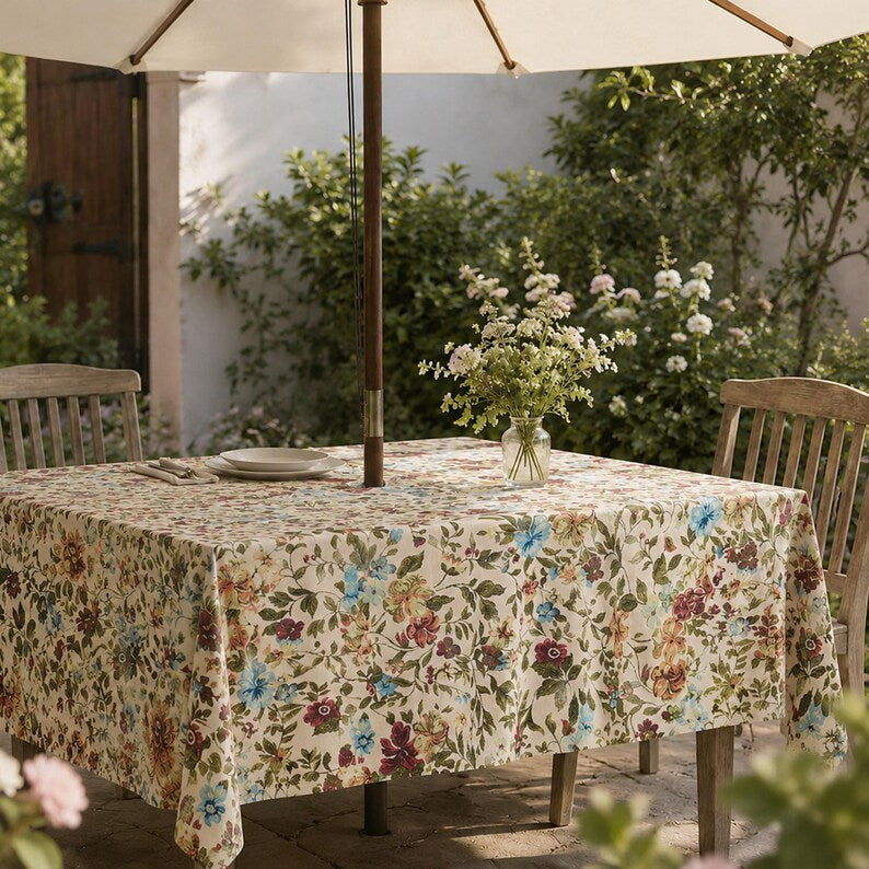 Peonies Floral Tablecloth with Umbrella Hole and Zipper, Spill Resistant Linen Texture Table Cover, Indoor Outdoor Patio Dining