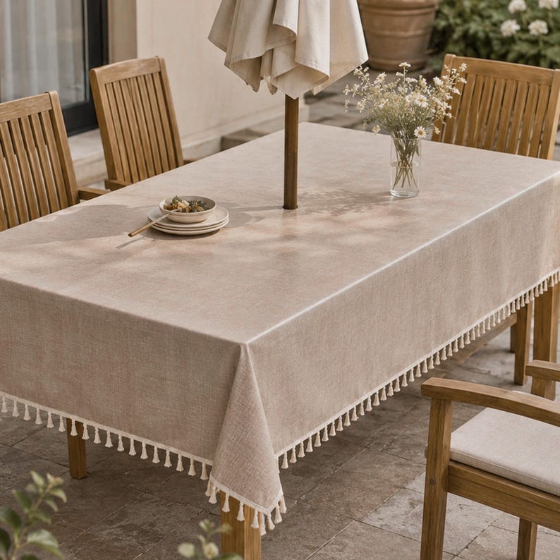 Waterproof Oilcloth Tablecloth Rectangle with Umbrella Hole and Zipper, Oatmeal Beige, Linen-Look Outdoor Patio Table Cover