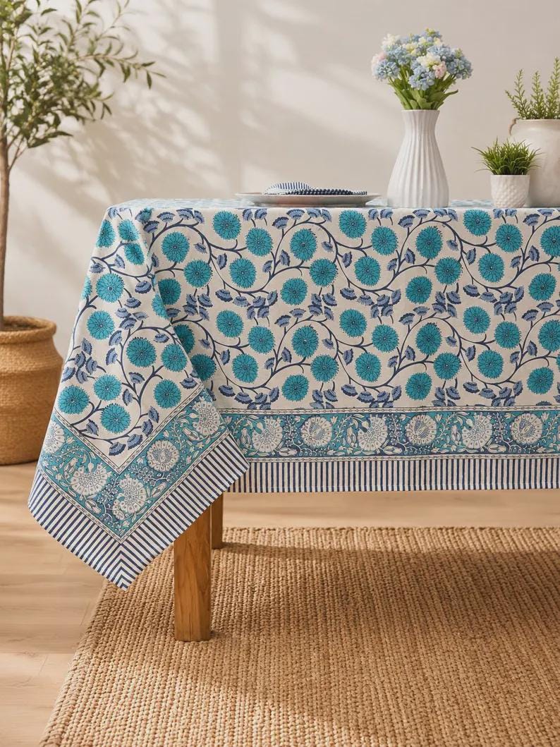 Floral Cotton Tablecloth Hand Block Print Square Rectangle Round