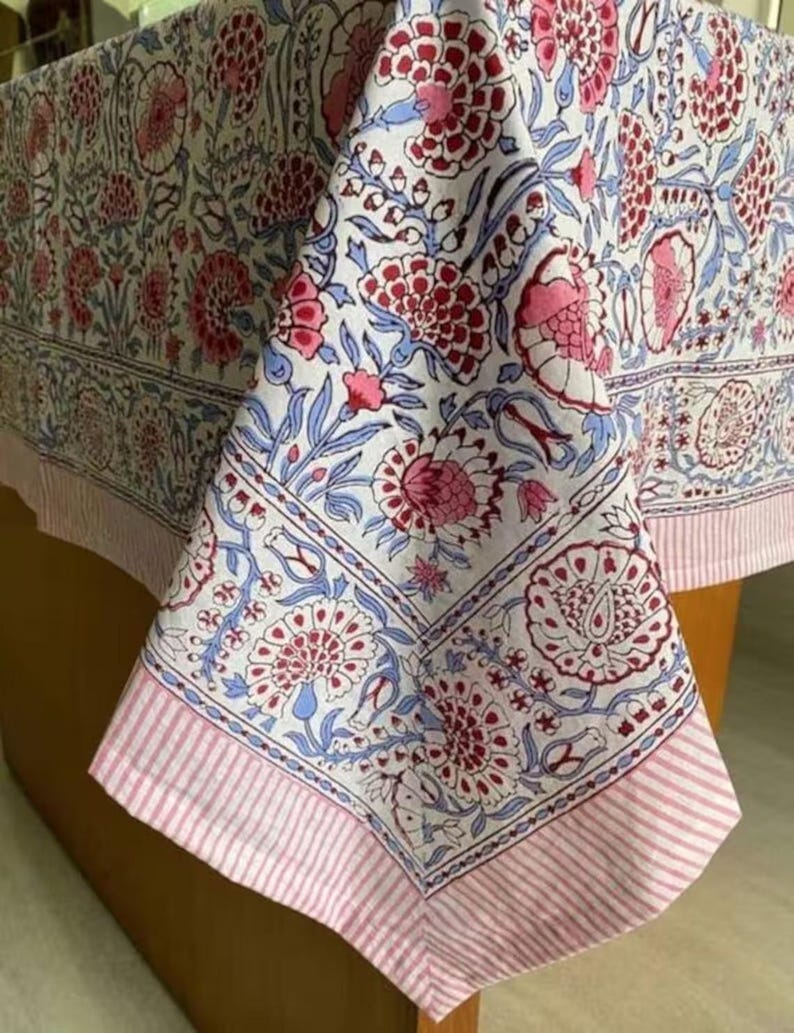 Floral Cotton Tablecloth Hand Block Print Square Rectangle Round