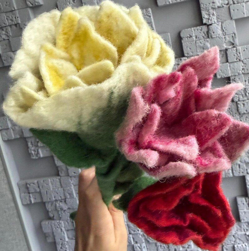 Felt Flower Bouquet Set of 3 Merino Wool Handmade Floral Decor Cream Pink Red 40 cm