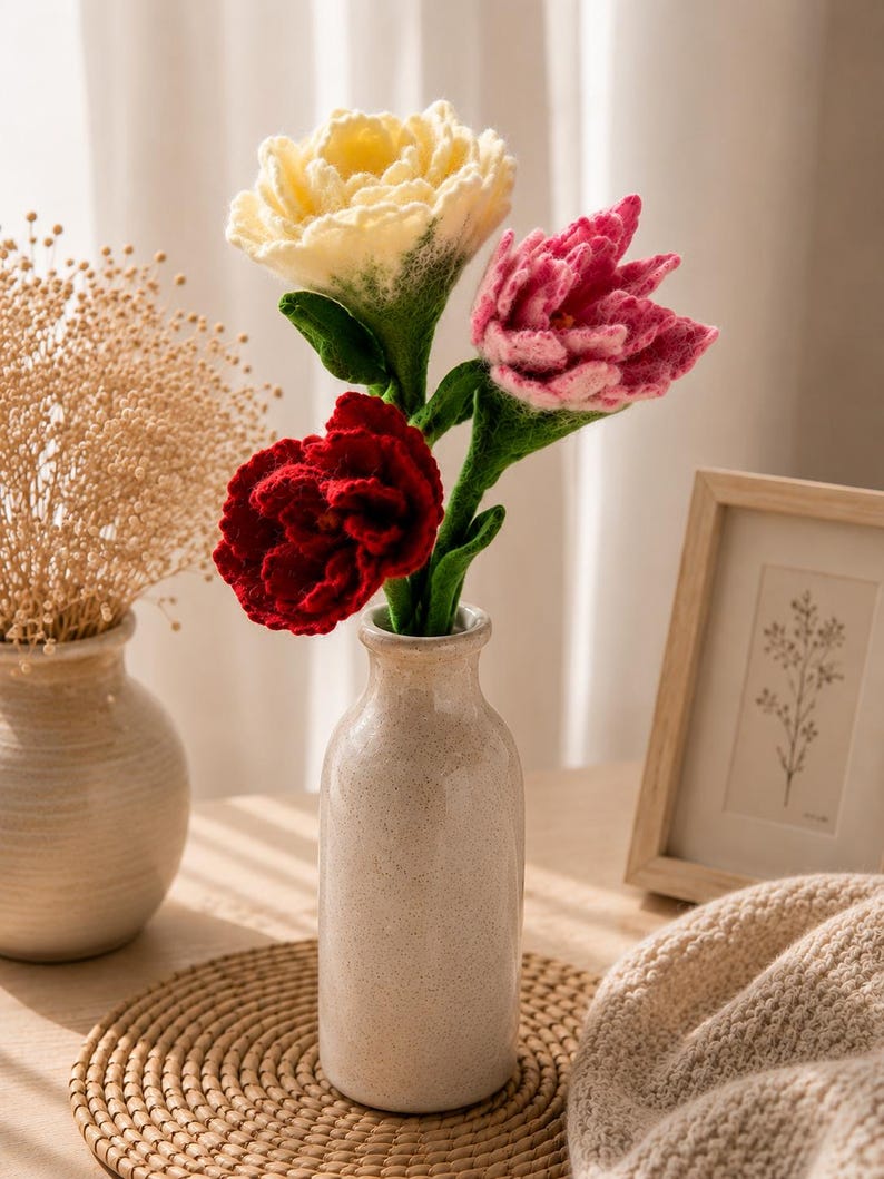 Felt Flower Bouquet Set of 3 Merino Wool Handmade Floral Decor Cream Pink Red 40 cm