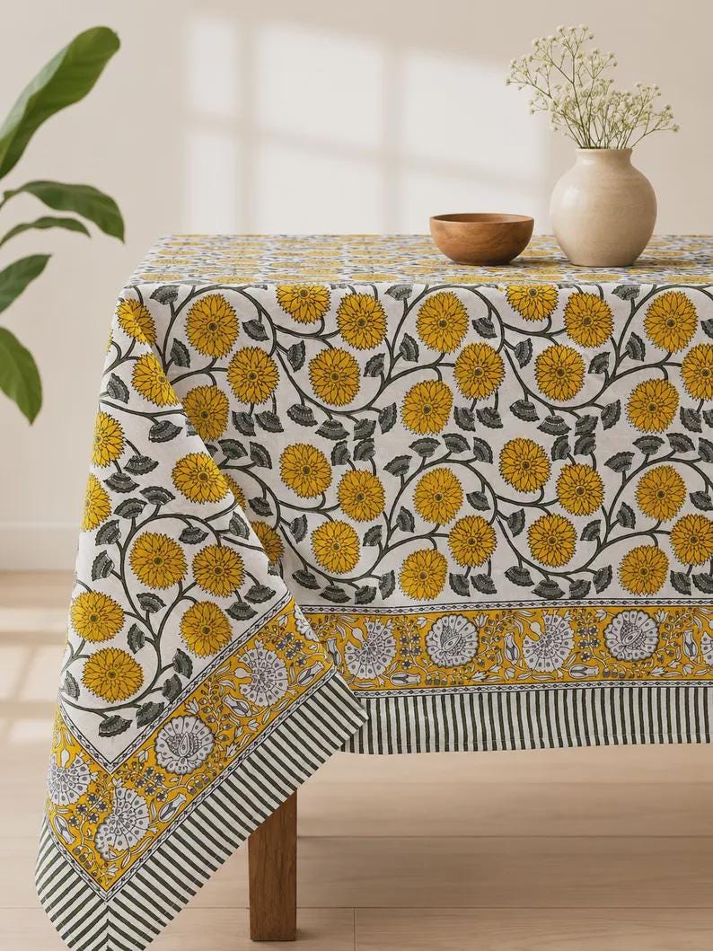 Floral Cotton Tablecloth Hand Block Print Square Rectangle Round