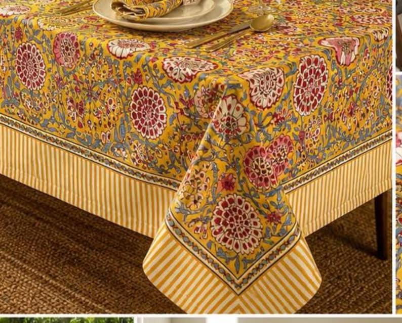 Cotton Block Print Tablecloth Floral Square Rectangle Round Dining Table Cover Handmade Boho