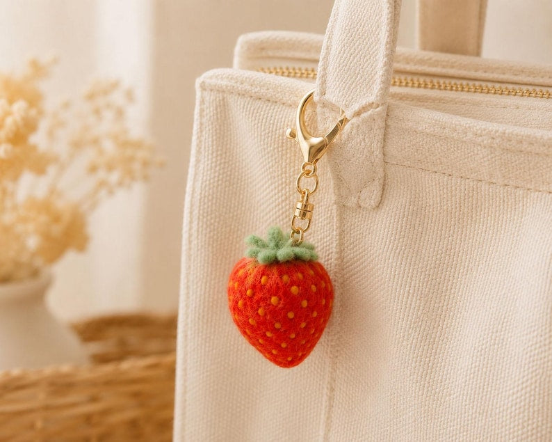 Needle Felted Fruit Keychains - Wool Apple, Strawberry, Mango & Orange Slice Bag Charms with Gold-Tone Lobster Clasp, 2 in