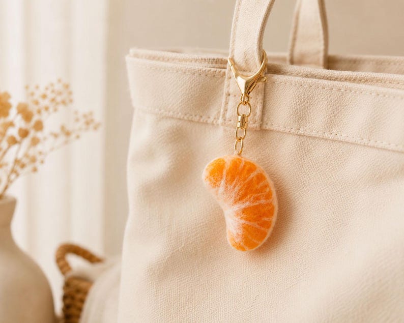 Needle Felted Fruit Keychains - Wool Apple, Strawberry, Mango & Orange Slice Bag Charms with Gold-Tone Lobster Clasp, 2 in