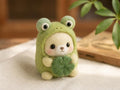 Needle Felted Bear in Frog Costume, Handmade Wool Felt Animal Figurine, Green Frog Onesie with Shamrock