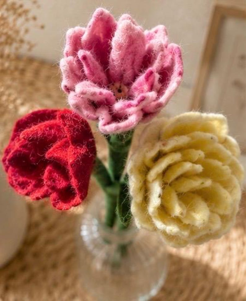 Felt Flower Bouquet Set of 3 Merino Wool Handmade Floral Decor Cream Pink Red 40 cm