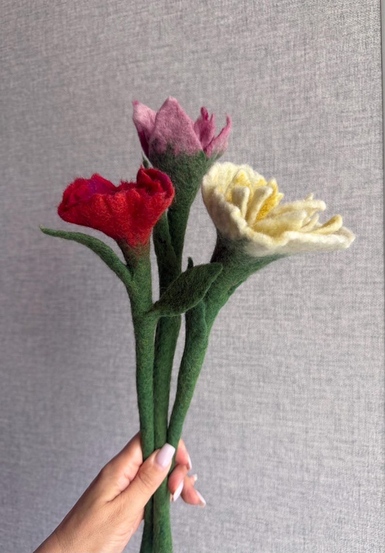 Felt Flower Bouquet Set of 3 Merino Wool Handmade Floral Decor Cream Pink Red 40 cm