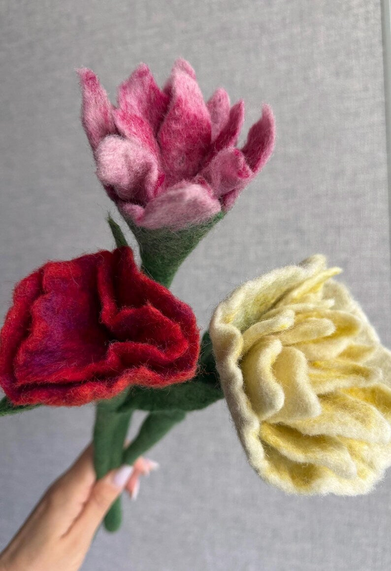 Felt Flower Bouquet Set of 3 Merino Wool Handmade Floral Decor Cream Pink Red 40 cm