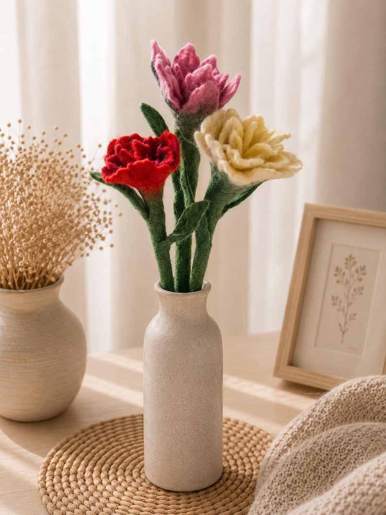 Felt Flower Bouquet Set of 3 Merino Wool Handmade Floral Decor Cream Pink Red 40 cm