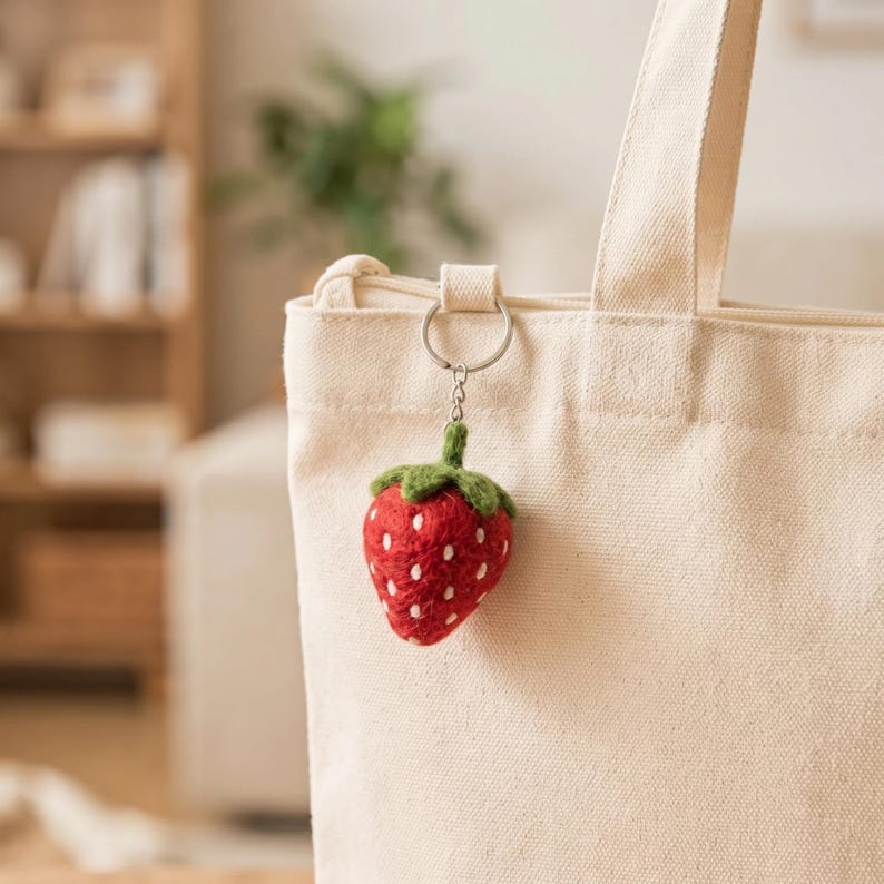 Needle Felted Fruit Keychain, Handmade Wool Felt Bag Charm, Strawberry Avocado Watermelon Kawaii Food Keyring