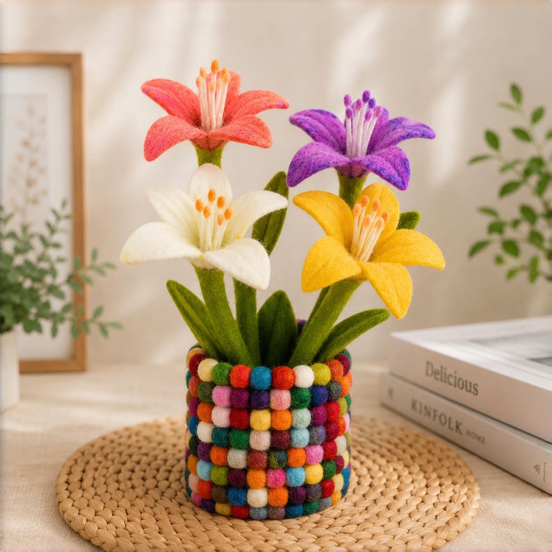 Wool Felt Flower & Felt Ball Vase Set, Handmade Tabletop Decor, 23cm Flower, 10cm Vase